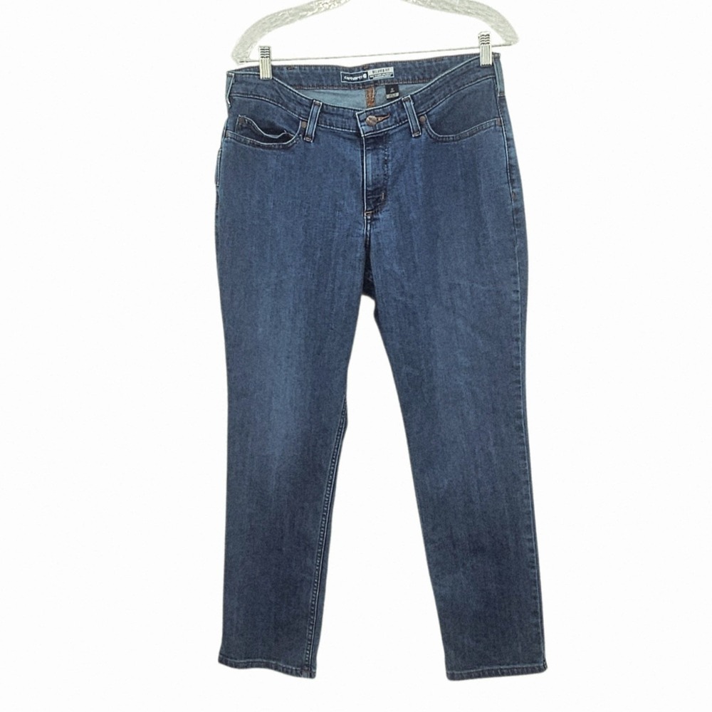 Carhartt Jeans Womens 12 Short Blue Mid Rise Straight Relaxed Fit Stretch Denim